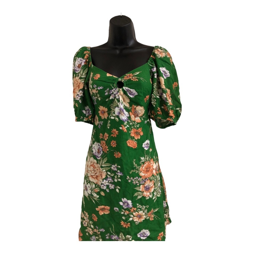 Beautiful linen blend green floral puff‎ sleeve keyhole bust mini a-line dress